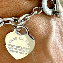 Load image into Gallery viewer, Beckah Shae Guard Your Heart Silver Bracelet with the writing &quot;Above all else guard your heart, for everything you do flows from it.&quot; Romans 4:23