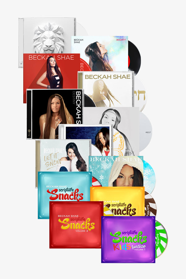 Collection of Beckah Shae and Scripture Snacks branded products on a white background