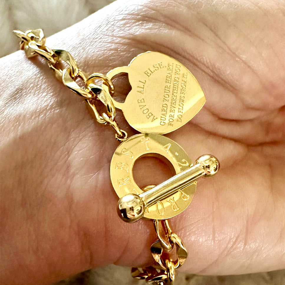 Beckah Shae Guard Your Heart Gold Bracelet with the writing 