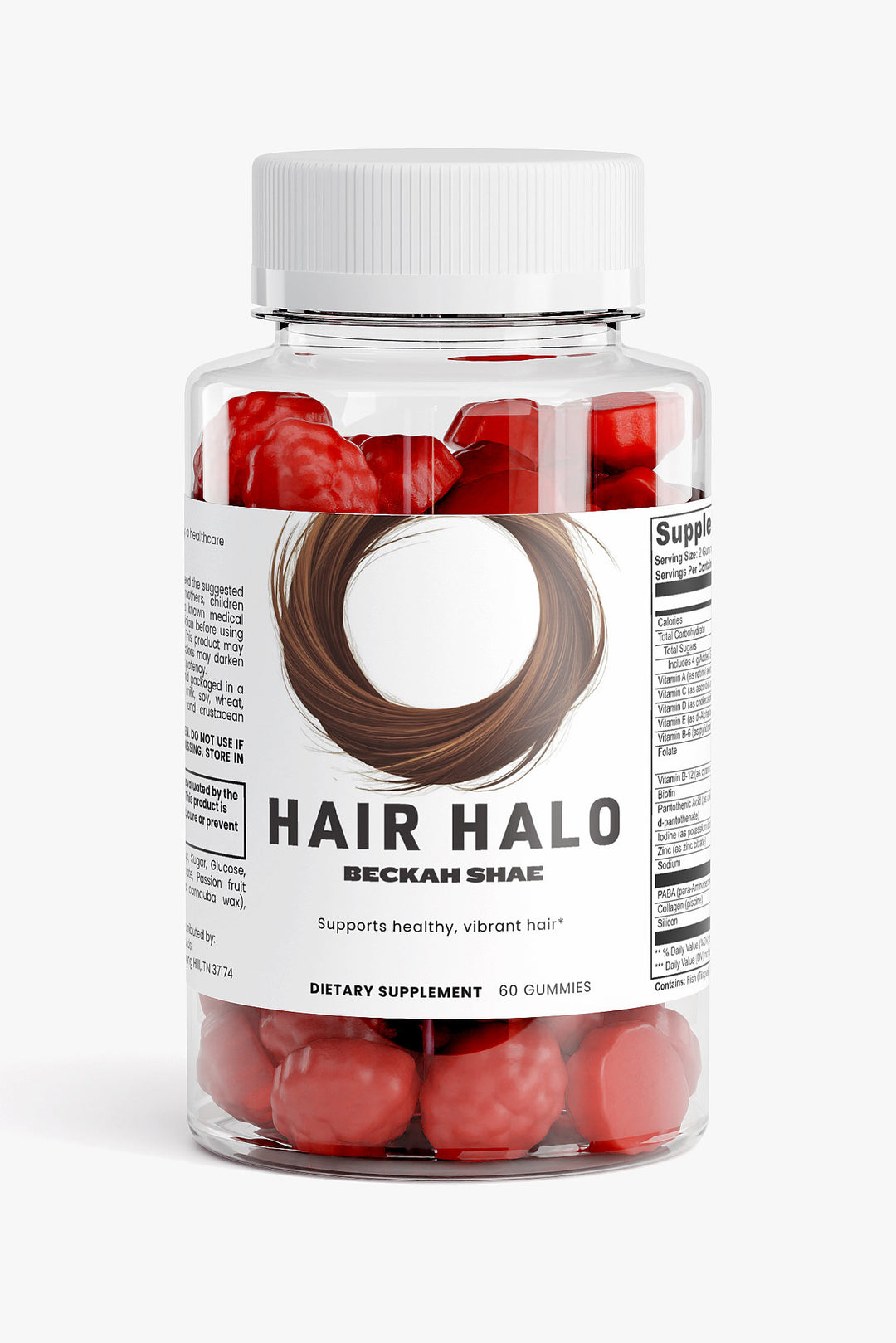 Hair Halo by Beckah Shae – 60-count bottle of red berry-shaped hair supplement gummies supporting healthy, vibrant hair.