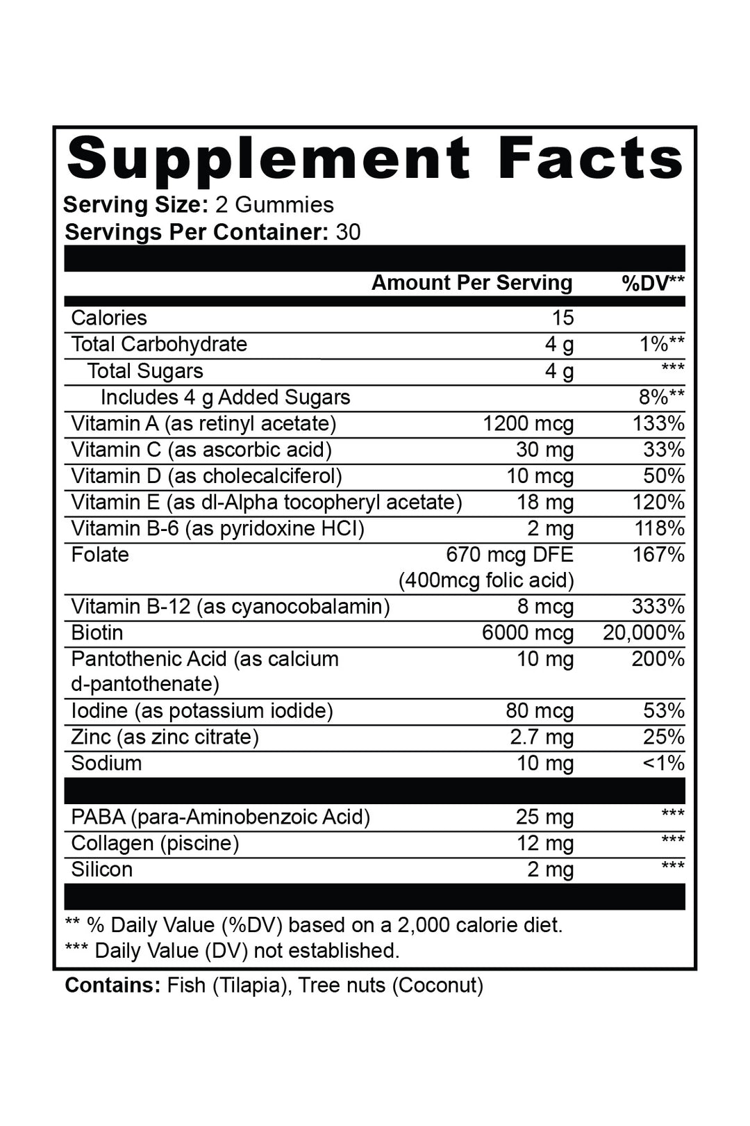 Supplement facts label for Hair Halo by Beckah Shae, showing vitamins, biotin, collagen, and key nutrients for hair support.