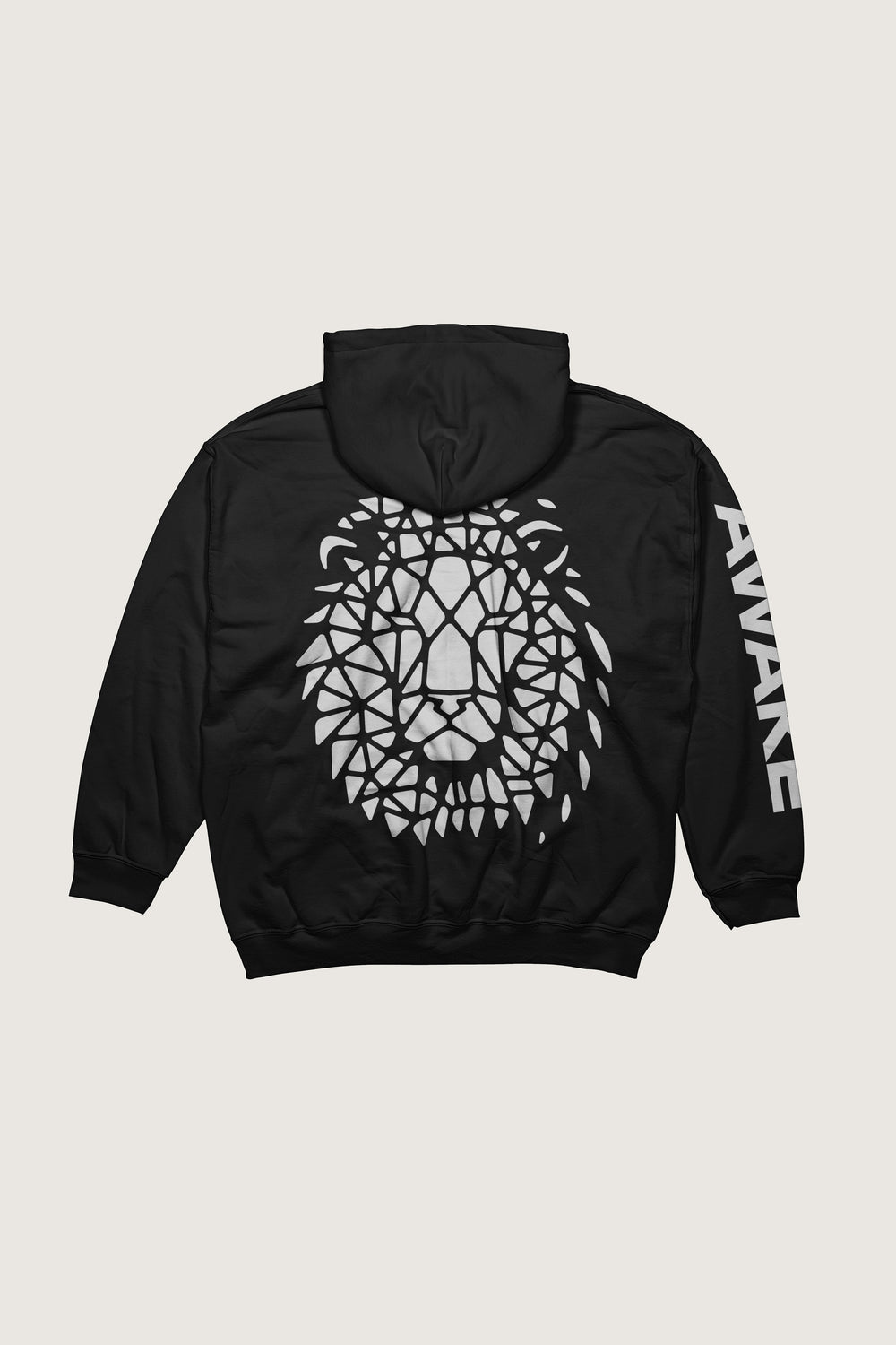 Black hoodie with geometric lion design on the back and 'AWAKE' text on the sleeve against a light gray background