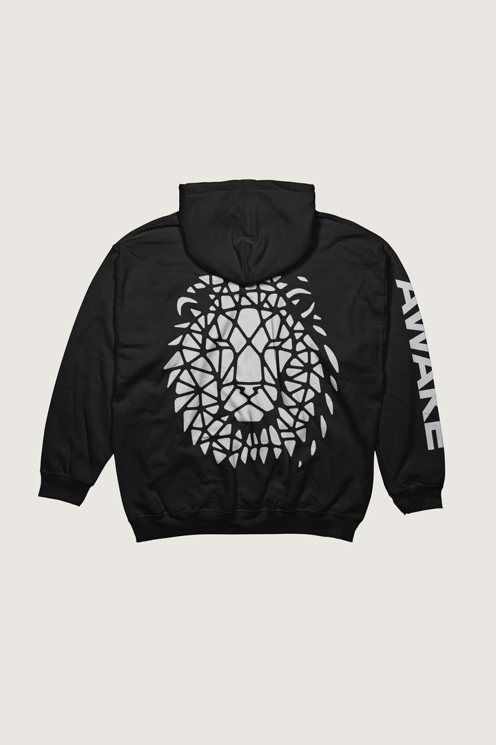 Black hoodie with geometric lion design on the back and 'AWAKE' text on the sleeve against a light gray background