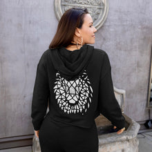 Load image into Gallery viewer, Beckah Shae Lion Awake Crop Hoodie available in Black or Military Green. Features a lion mosiac design printed in white on the back and the text &quot;Awake&quot; printed in white on the right sleeve. The righteous are bold as a lion. – Proverbs 28:1