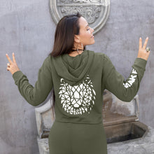 Load image into Gallery viewer, Beckah Shae Lion Awake Crop Hoodie available in Black or Military Green. Features a lion mosiac design printed in white on the back and the text &quot;Awake&quot; printed in white on the right sleeve. The righteous are bold as a lion. – Proverbs 28:1