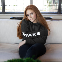 Load image into Gallery viewer, Beckah Shae Lion Awake Crop Hoodie available in Black or Military Green. Features a lion mosiac design printed in white on the back and the text &quot;Awake&quot; printed in white on the right sleeve. The righteous are bold as a lion. – Proverbs 28:1