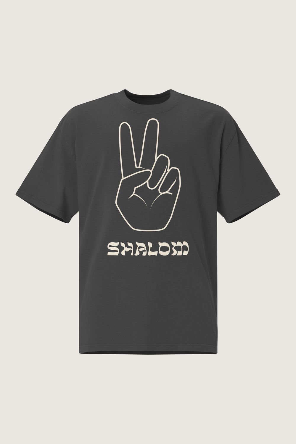 Front view of the Shalom Oversized Tee featuring a bold hand-drawn peace sign with the word “Shalom” underneath in stylized text.