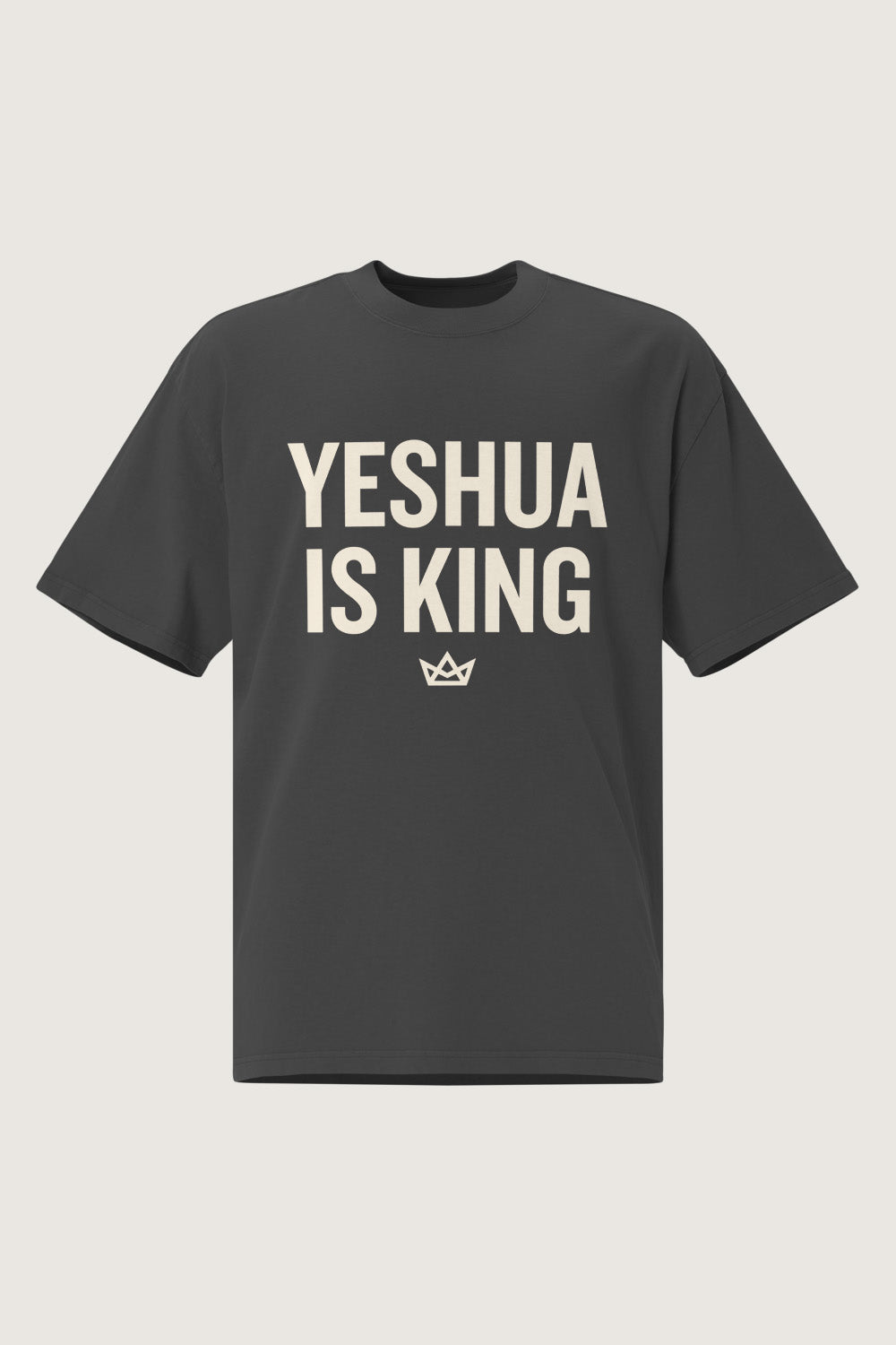 Yeshua Is King oversized heavyweight unisex tee in black – bold crown graphic faith-based streetwear apparel