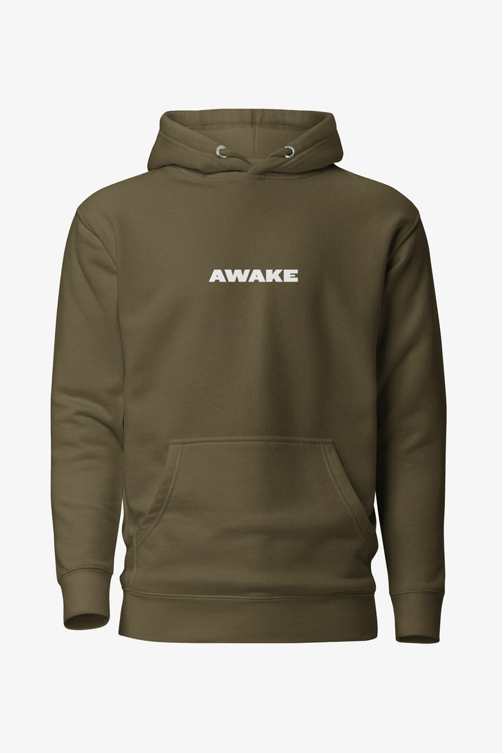 Awake Hoodie back view — black or military green hoodie featuring a geometric lion design symbolizing courage and faith.