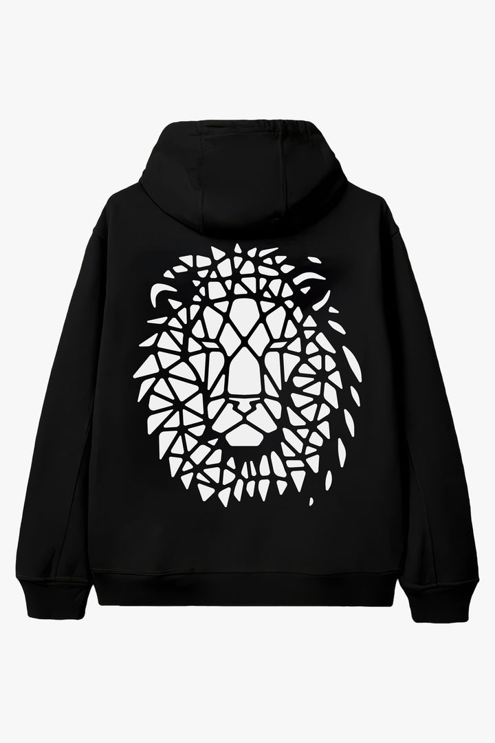 Black hoodie with a white geometric lion design on the back against a white background