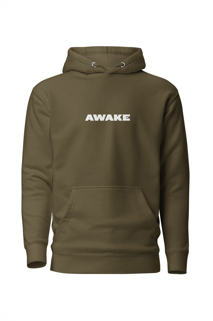 Green hoodie with 'AWAKE' text on a white background