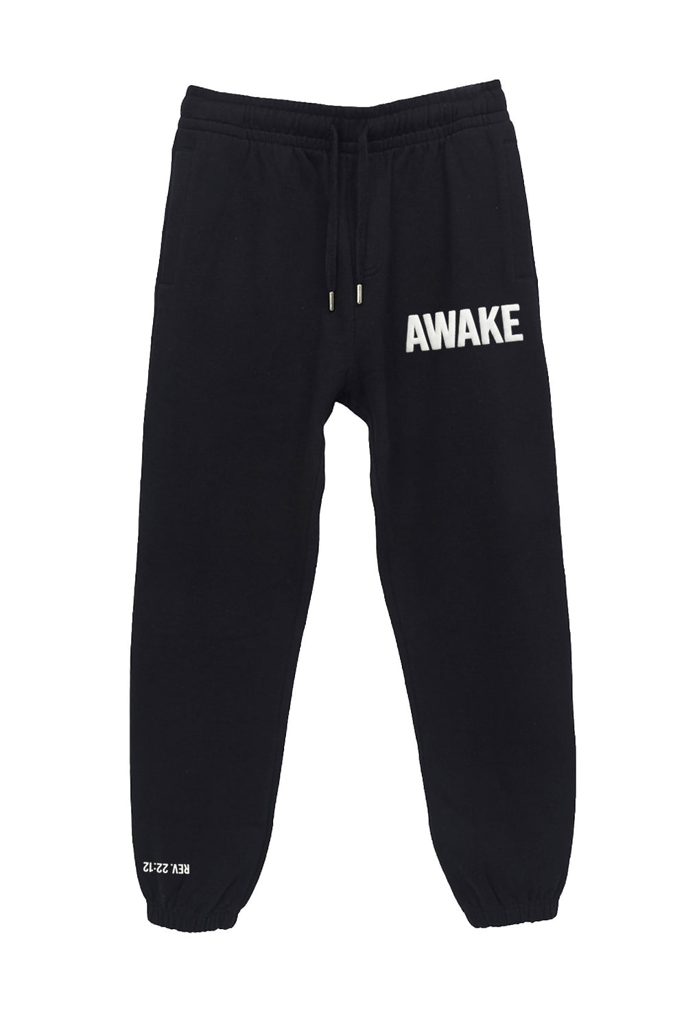 Black sweatpants with 'AWAKE' text on a white background