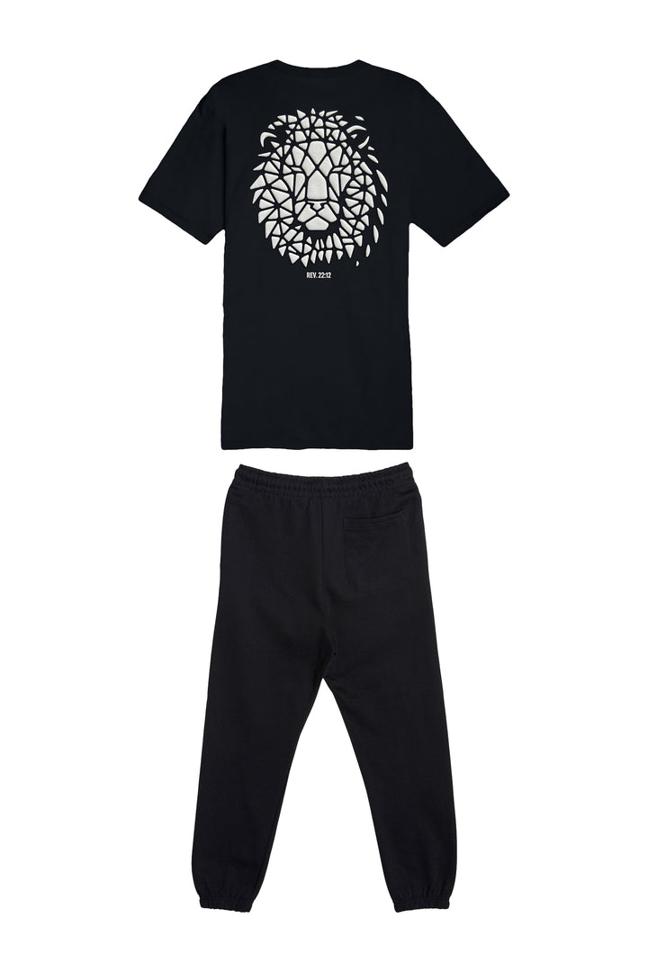 Black t-shirt and pants set with a white geometric lion design on the shirt, on a white background.