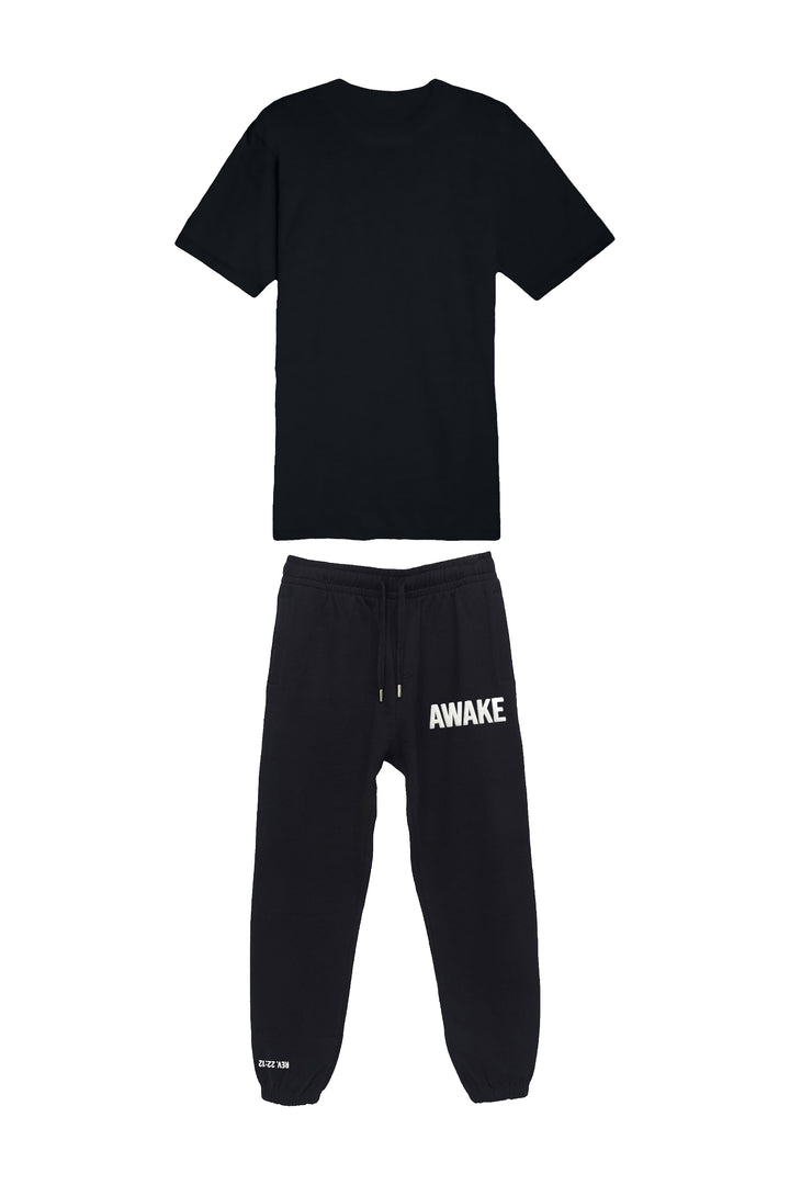 Black t-shirt and black pants with 'AWAKE' text on a white background