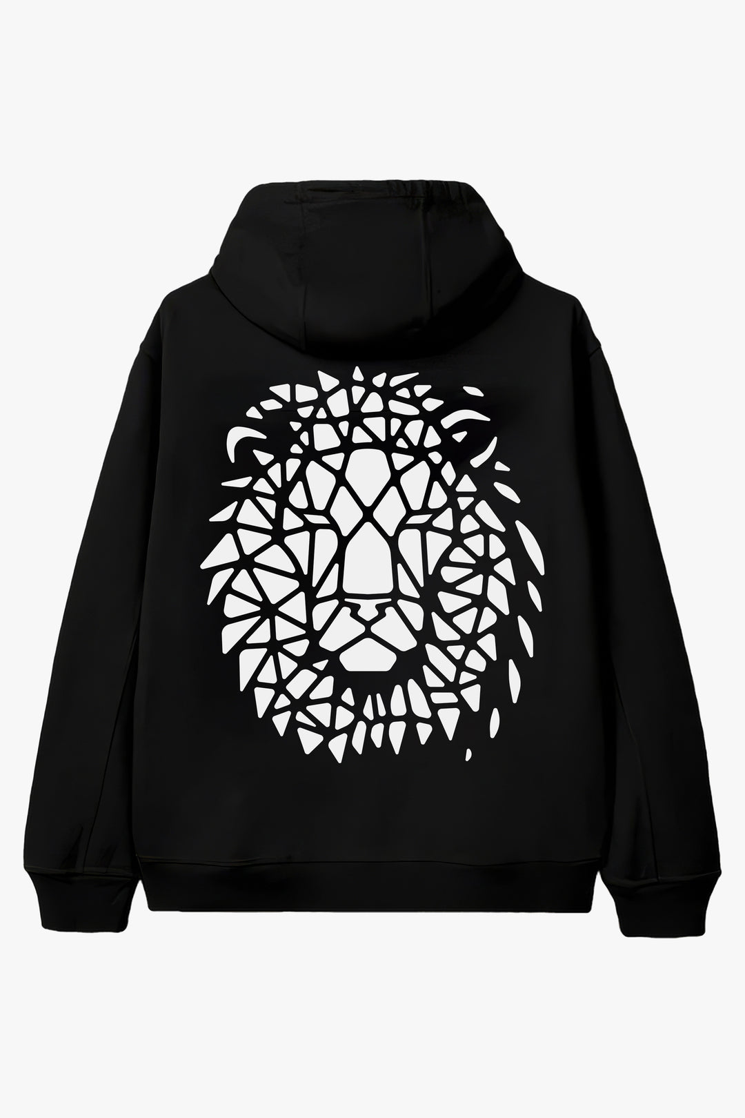 Awake Hoodie back view — black or military green hoodie featuring a geometric lion design symbolizing courage and faith.