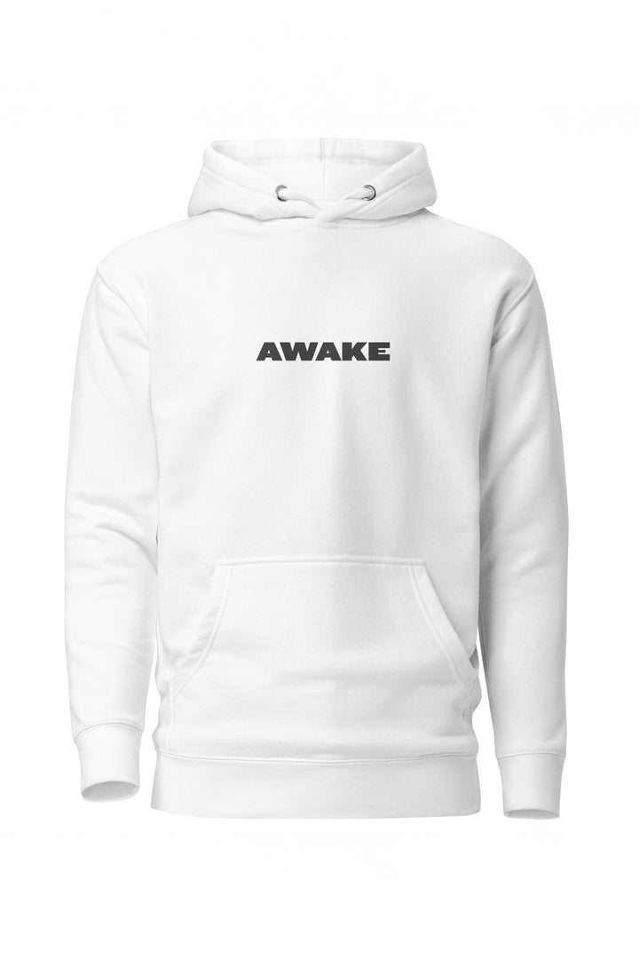 White hoodie with 'AWAKE' text on a white background