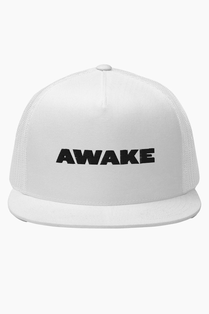 white trucker hat with the text awake across the front
