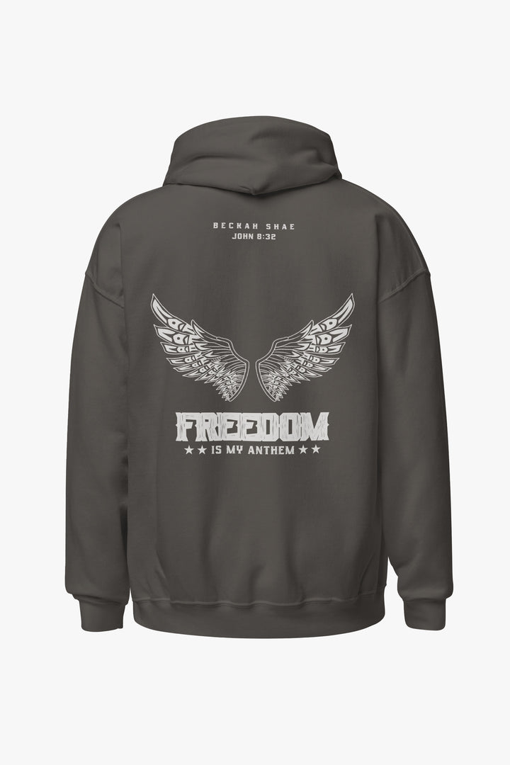 back of freedom anthem hoodie in charcoal
