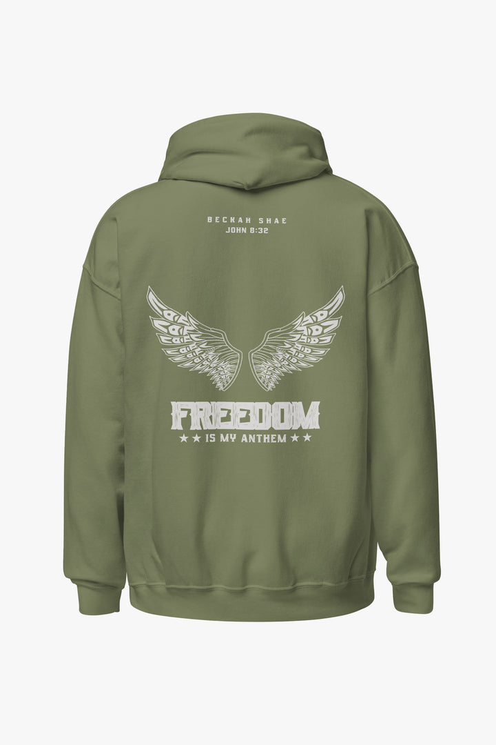 back of freedom anthem hoodie in military green