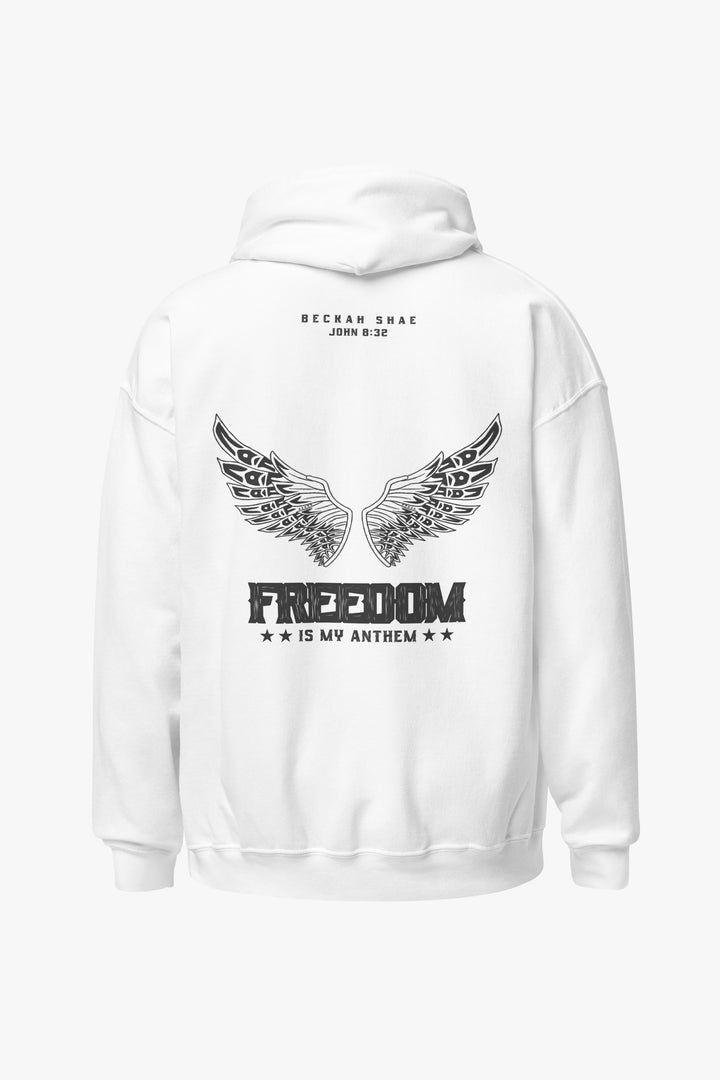 White freedom anthem hoodie with wings and text design on the back against a white background