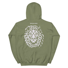 Load image into Gallery viewer, The ‘Awake Lion Hoodie’ features a lion face graphic design on the back with the text &quot;Awake&quot; on the right sleeve. Custom printed on a unisex black or military green hoodie.