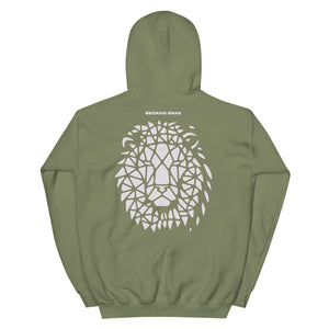 The ‘Awake Lion Hoodie’ features a lion face graphic design on the back with the text "Awake" on the right sleeve. Custom printed on a unisex black or military green hoodie.