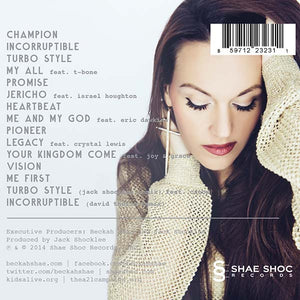 Beckah Shae Champion CD. Upbeat dance EDM album featuring Heartbeat. The theme of unity runs throughout. Features T-Bone, Israel Houghton, Eric Dawkins, Crystal Lewis, Jack Shocklee, David Thulin.
