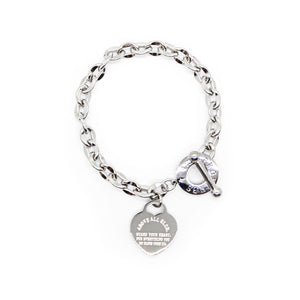 Beckah Shae Guard Your Heart Silver Bracelet with the writing "Above all else guard your heart, for everything you do flows from it." Romans 4:23